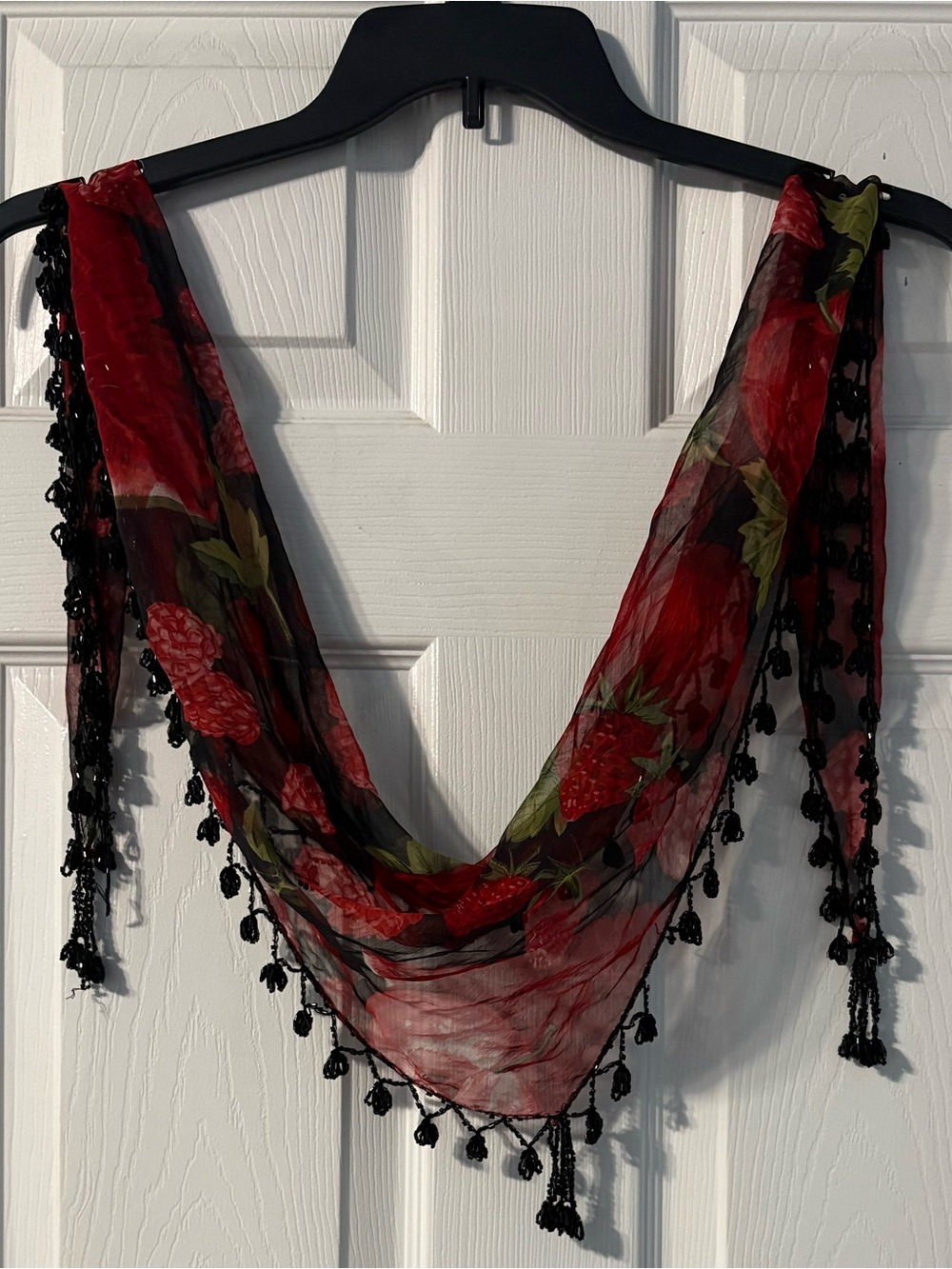 Red Floral Sheer Scarf with Black Tassel Trim
